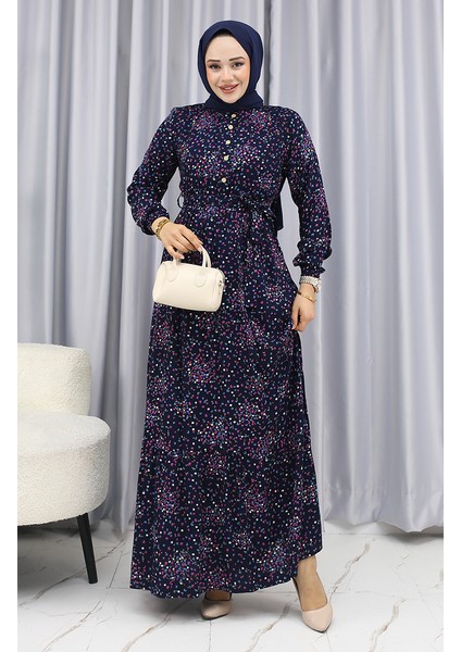 Viskon Kumaş Çiçekli Desenli Elbise 4070-02 Lacivert