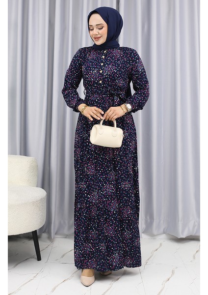 Viskon Kumaş Çiçekli Desenli Elbise 4070-02 Lacivert fiyatları