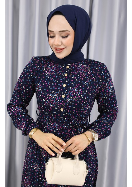 Viskon Kumaş Çiçekli Desenli Elbise 4070-02 Lacivert modelleri