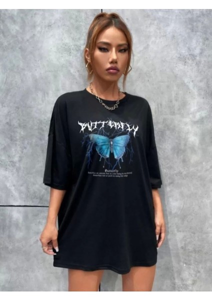 Baskılı Oversize T-Shirt - Siyah