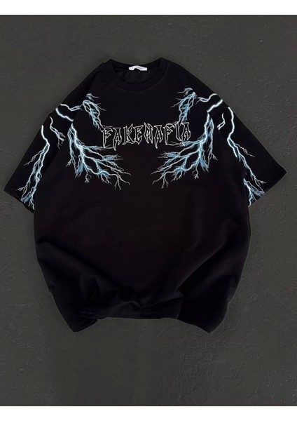 Bisiklet Yaka Baskılı Oversize T-Shirt - Siyah