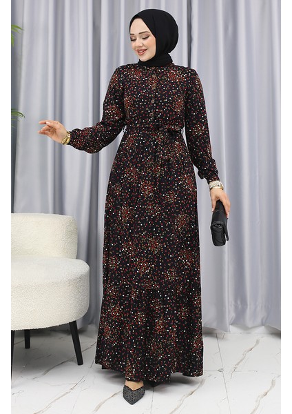Viskon Kumaş Çiçekli Desenli Elbise 4070-01 Siyah fiyatları
