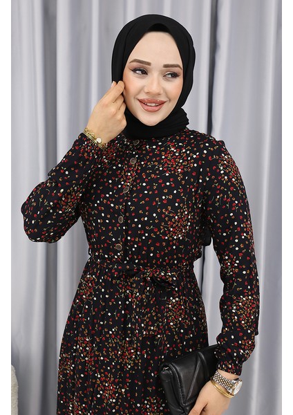 Viskon Kumaş Çiçekli Desenli Elbise 4070-01 Siyah modelleri