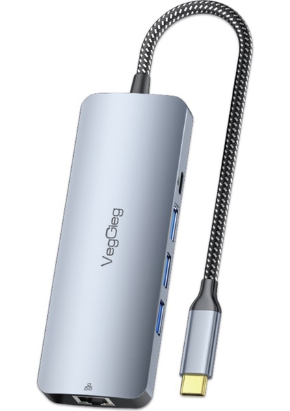 4K 60Hz HDMI Gigabit Ethernet 3*usb-A 2*type-C 3.5mm Aux Sd Micro Sd Kart Okuyucu Çevirici Çoklayıcı Hub