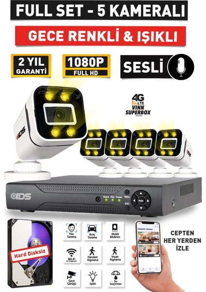 Sesli - 5 Kameralı Fullhd Gece Renkli ve Işıklı Güvenlik Kamerası - Kamera Seti Hard Disksiz
