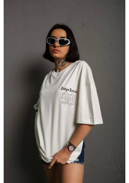 Bisiklet Yaka Baskılı Oversize T-Shirt - Beyaz fiyatları