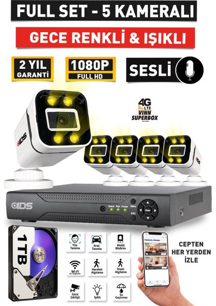 Sesli - 5 Kameralı Fullhd Gece Renkli ve Işıklı Güvenlik Kamerası - Kamera Seti 1tb Disk