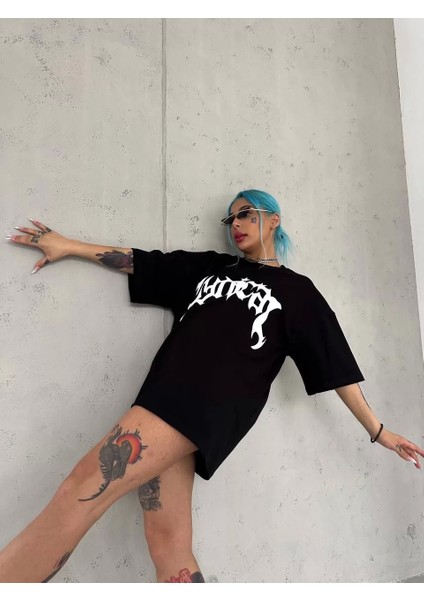 Bisiklet Yaka Baskılı Oversize T-Shirt - Siyah modelleri