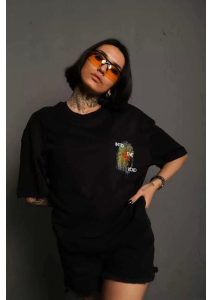 Bisiklet Yaka Baskılı Oversize T-Shirt - Siyah