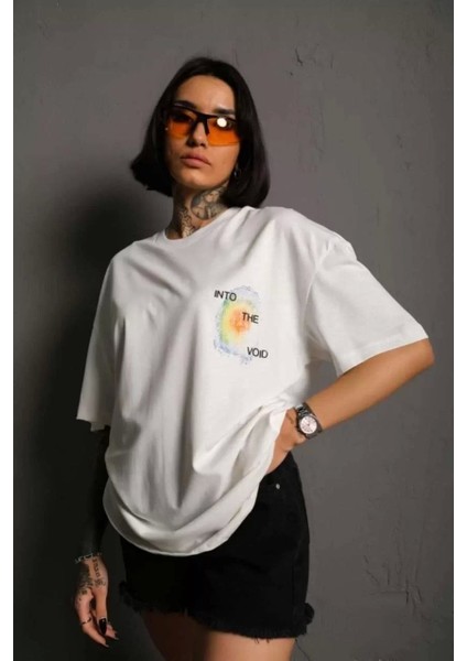 Bisiklet Yaka Baskılı Oversize T-Shirt - Beyaz