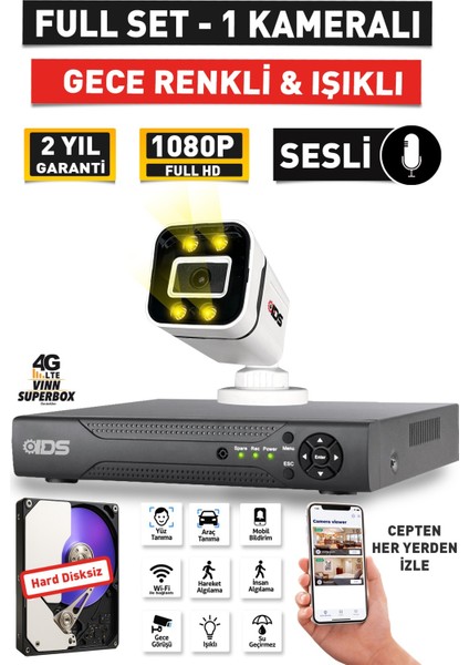 Sesli - 1 Kameralı Fullhd Gece Renkli ve Işıklı Güvenlik Kamerası - Kamera Seti Hard Disksiz