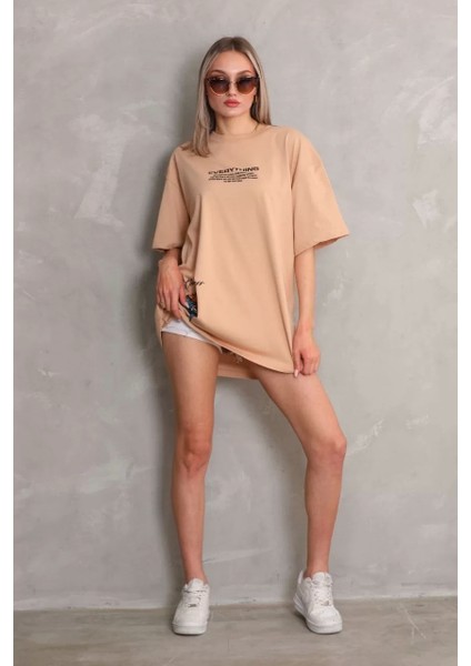 Bisiklet Yaka Baskılı Oversize T-Shirt - Bej