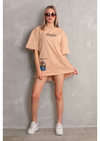 Bisiklet Yaka Baskılı Oversize T-Shirt - Bej