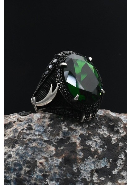 Hz. Ali Zülfikar Kılıcı Yeşil Zirkon Taşlı Zirkon Taş Süslemeli Erkek Yüzüğü 925 Ayar Gümüş 901763