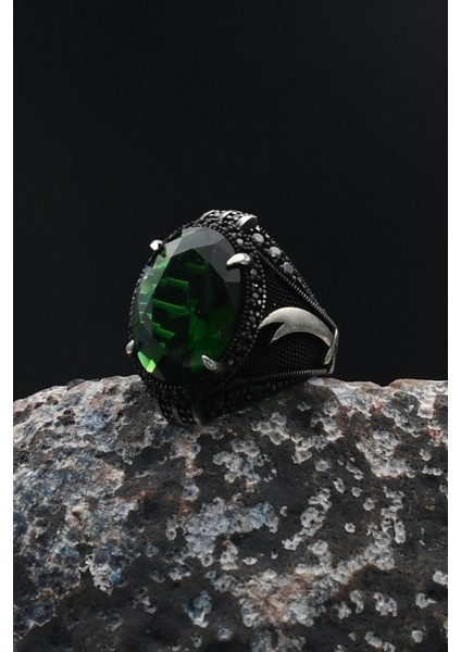 Hz. Ali Zülfikar Kılıcı Yeşil Zirkon Taşlı Zirkon Taş Süslemeli Erkek Yüzüğü 925 Ayar Gümüş 901763 fırsatları