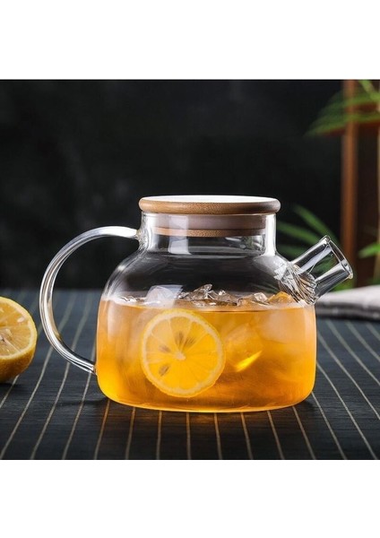 1000ML Bambu Kapaklı Isıya Dayanıklı Cam Bitki Çayı Demliği Cam Sürahi