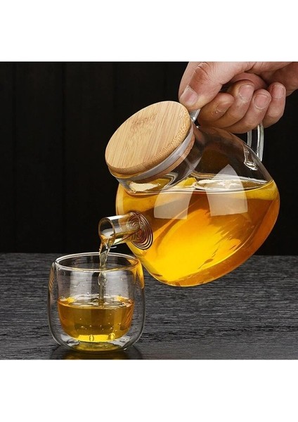 1000ML Bambu Kapaklı Isıya Dayanıklı Cam Bitki Çayı Demliği Cam Sürahi