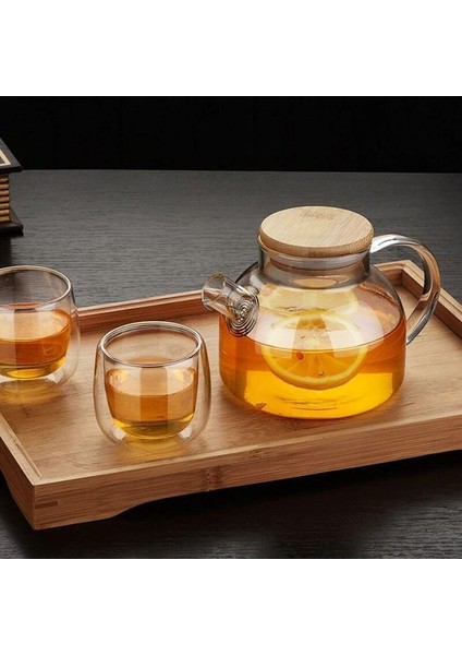 1000ML Bambu Kapaklı Isıya Dayanıklı Cam Bitki Çayı Demliği Cam Sürahi