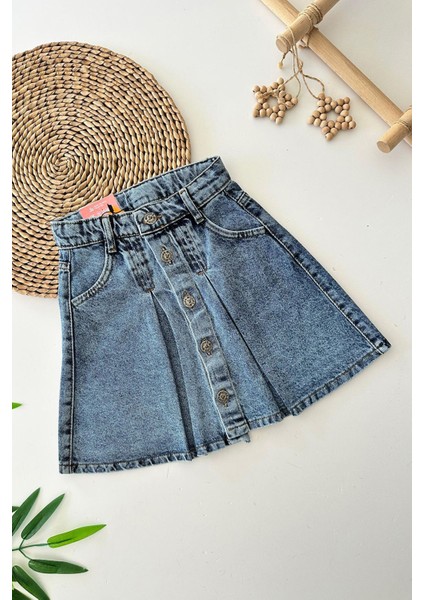 Önü Düğmeli Kot Kız Çocuk etek - Açık Mavi