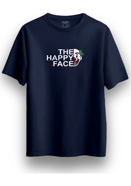Unisex Oversize Bisiklet Yaka The Happy Face Baskılı Kısa Kollu Lacivert Tişört