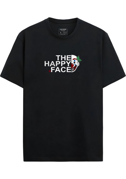 Unisex Oversize Bisiklet Yaka The Happy Face Baskılı Kısa Kollu Siyah Tişört