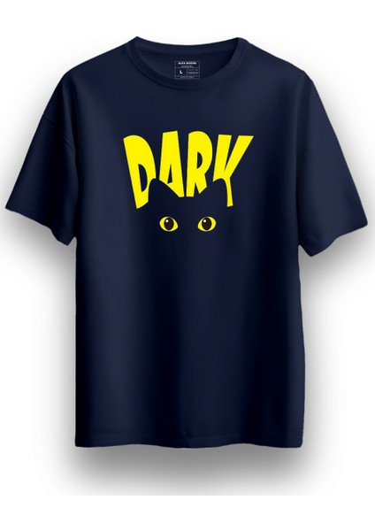 Unisex Oversize Bisiklet Yaka Dark Baskılı Kısa Kollu Lacivert Tişört
