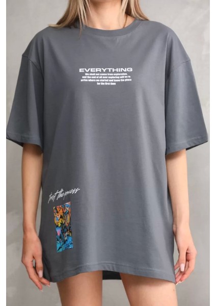 Bisiklet Yaka Baskılı Oversize T-Shirt - Gri fiyatları