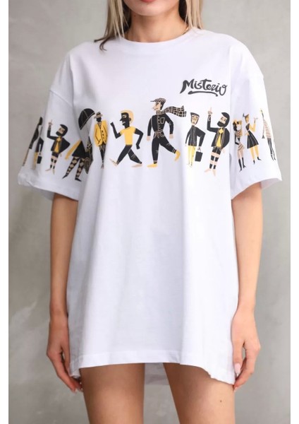 Bisiklet Yaka Baskılı Oversize T-Shirt - Beyaz modelleri