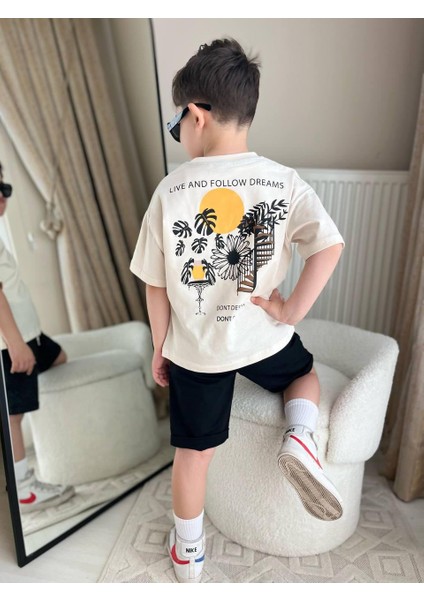 Tropical Palmiye Detaylı Yan Cepli Şort Erkek Çocuk Alt Üst Takım