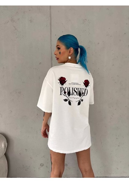 Bisiklet Yaka Baskılı Oversize T-Shirt - Beyaz fiyatları