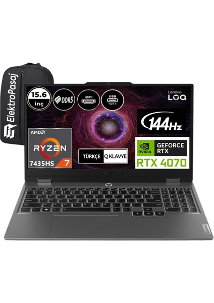 Loq 15ARP9 83JC00CUTR-EP47 Ryzen 7 7435HS 48 GB Ram 2 Tb SSD Windows 11 Pro RTX4070 15.6" Full Hd + Elektropasaj Çanta