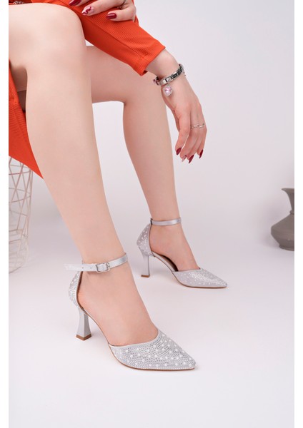 BA04583 Gümüş Kadın Damla Inci Taş Abiye Klasik 8 cm Topuklu Ayakkabı - 38