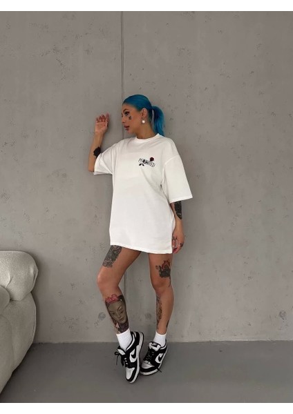 Bisiklet Yaka Baskılı Oversize T-Shirt - Beyaz