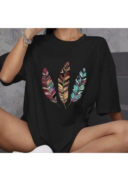 Bisiklet Yaka Baskılı Oversize T-Shirt - Siyah