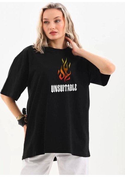 Bisiklet Yaka Baskılı Oversize T-Shirt - Siyah