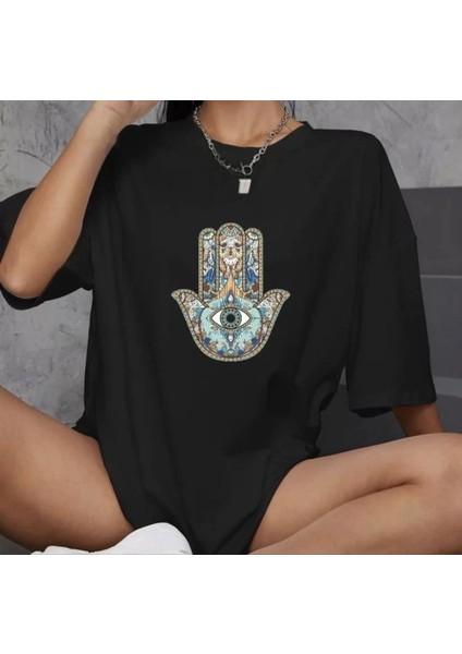 Bisiklet Yaka Baskılı Oversize T-Shirt - Siyah