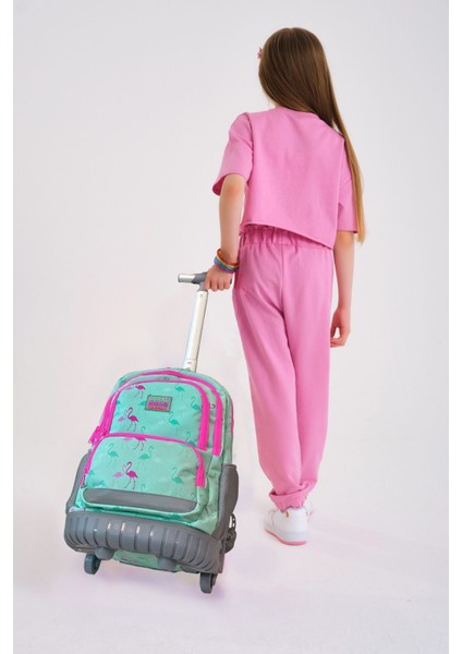 Kids Flamingo Desenli Su Yeşili Renkli Iki Kademeli Çekçekli Sırt Ve Okul Çantası 24022 fiyatları