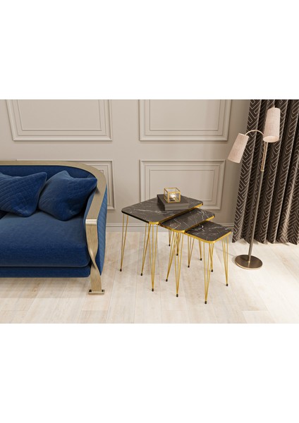 Zigon Sehpa 3'lü Dikdörtgen Gold Tel Ayaklı