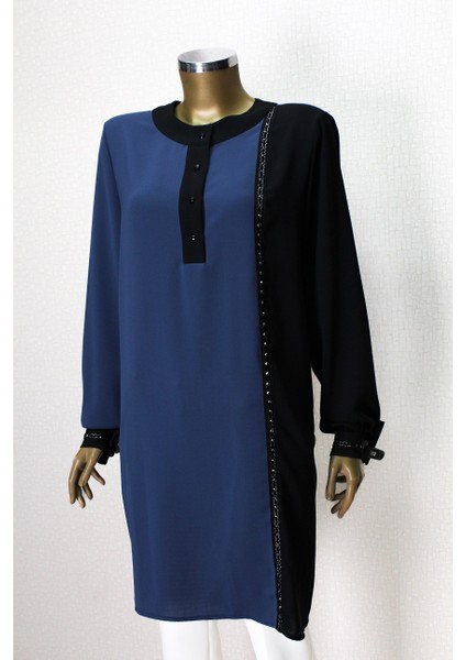 61131 Önden Yarım Düğmei 2 Renkli Önü ve Kol Ucu Taş Detaylı Rahat Kesim Tunik Qys Tunik 61131 #23-06#