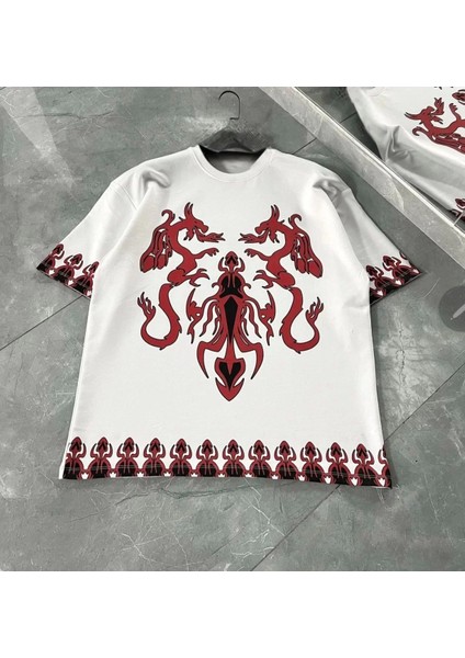 Bisiklet Yaka Baskılı Oversize T-Shirt - Beyaz