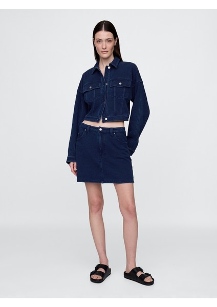 Kadın Koyu Mavi Fransız Havlu Kumaş Denim Etek