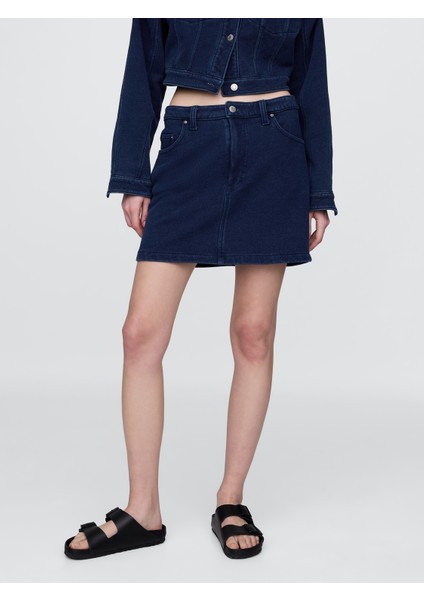 Kadın Koyu Mavi Fransız Havlu Kumaş Denim Etek