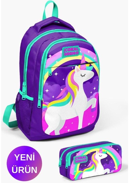 Kids Mor Su Yeşili Unicorn Desenli 2'Li Okul Çanta Seti Goset0214376