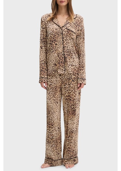 Sasha Leopar Desenli Regular Fit Yüksek Bel Bol Paça Modal Pijama Takımı O5RX08KCIN2 Bayan Pijama Takımı O5RX08 Kcın2 P1KN