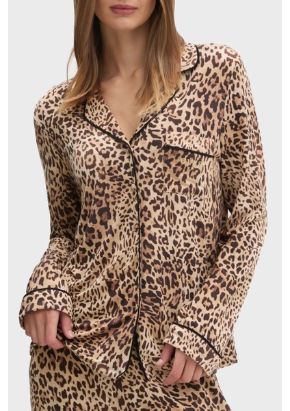 Sasha Leopar Desenli Regular Fit Yüksek Bel Bol Paça Modal Pijama Takımı O5RX08KCIN2 Bayan Pijama Takımı O5RX08 Kcın2 P1KN