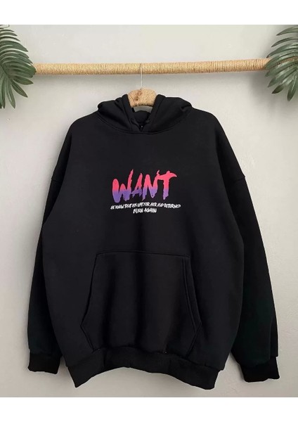 Baskılı Üç Iplik Kapüşonlu Oversize Sweatshirt - Siyah