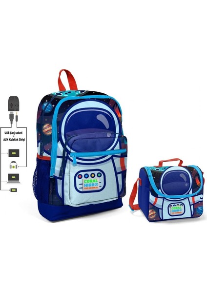 Mavi Astronot Baskılı Okul Çantası Ve Beslenme Çantası Seti - Erkek Çocuk - Usb Soketli