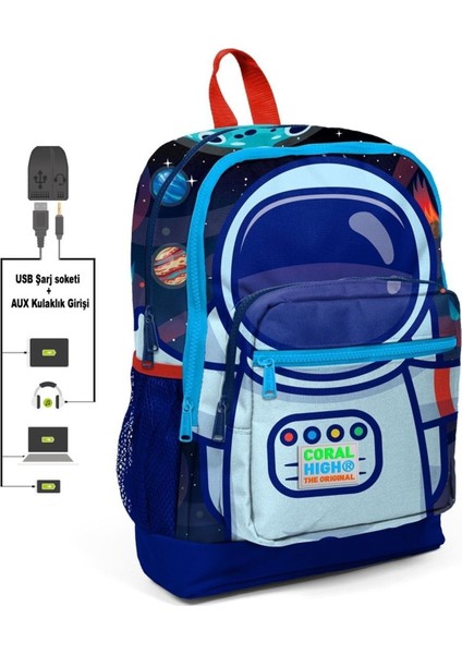 Mavi Astronot Baskılı Okul Çantası Ve Beslenme Çantası Seti - Erkek Çocuk - Usb Soketli fiyatları