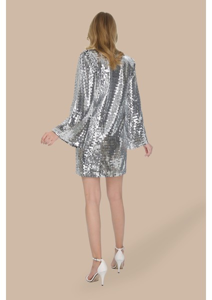 Payetli V Yaka Oversize Mini Elbise