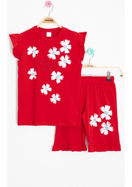 Kırmızı Çiçek Desenli Fırfır Detaylı Kız Çocuk Şortlu Takım 20600
